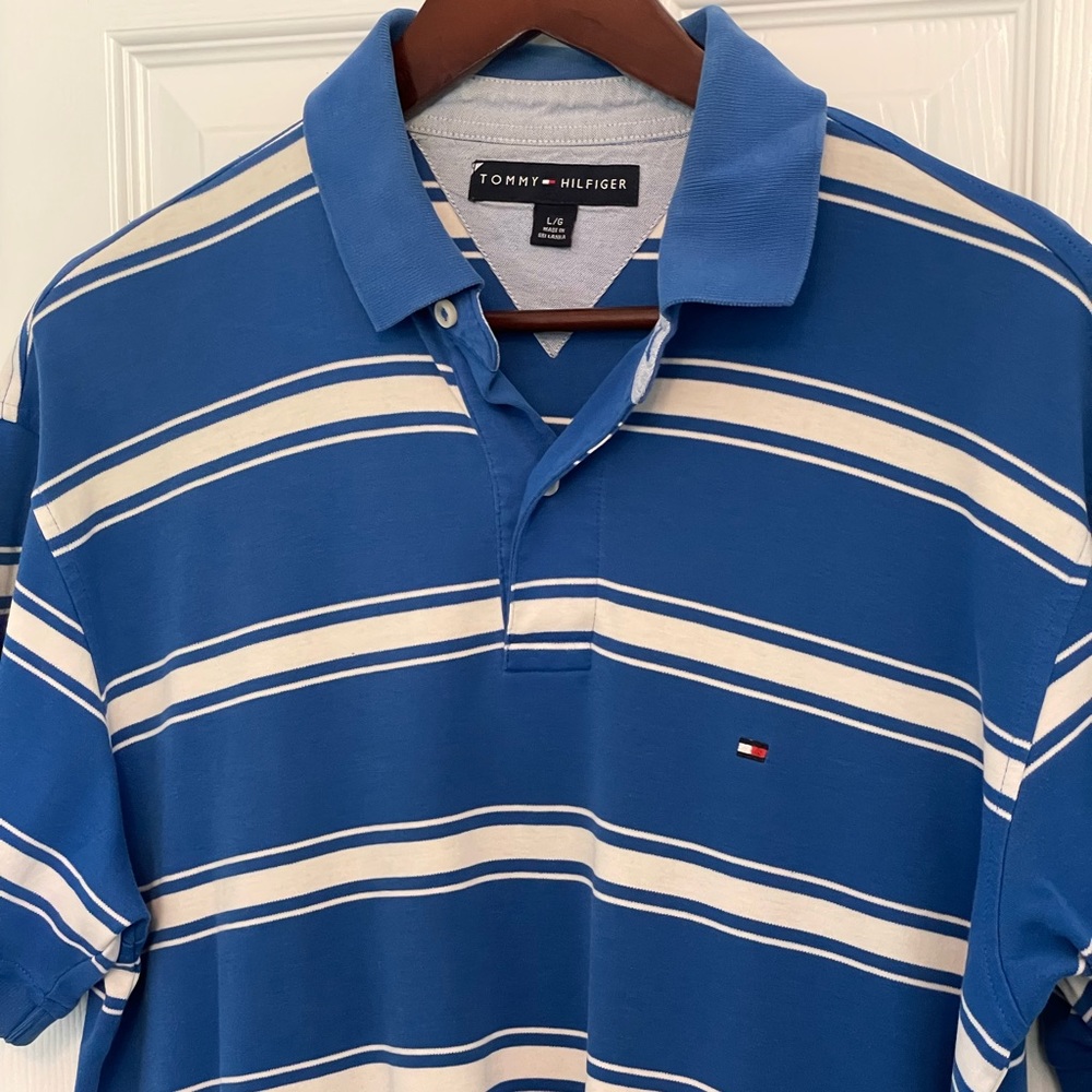 Tommy Hilfiger Polo Shirt Men's Size Large Short Sleeve Logo Blue Stripes